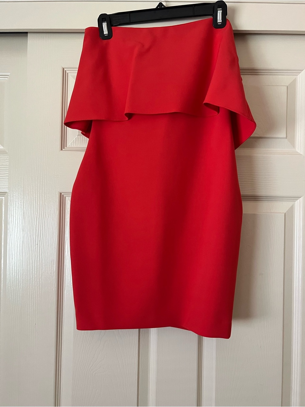 Likely Strapless Red Ruffle Sheath Dress